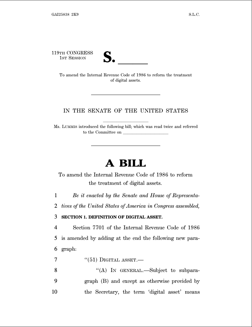 Cynthia Lummis参议员提出的加密税收豁免法案