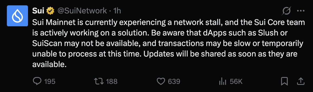 Sui主网停滞超3小时，TVL超10亿后网络中断